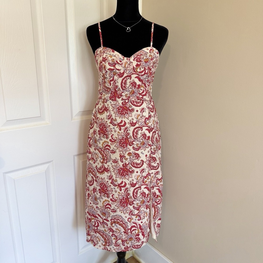 Jessica Simpson Dress S Red Cream Midi Paisley Smocked Corset Milkmaid Romantic
